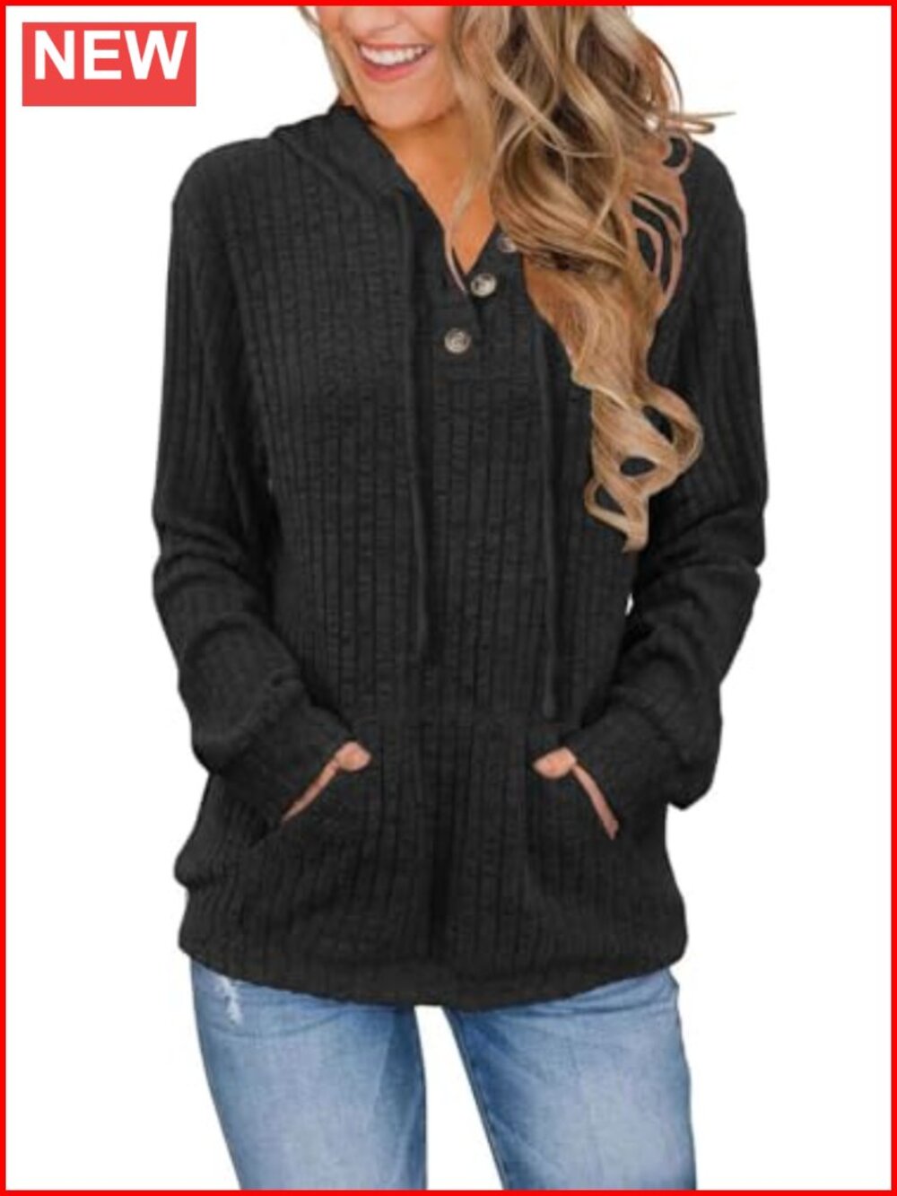 Womens Long Sleeve Hoodie Sweatshirt Button Neck Kangaroo Pocket Tunic